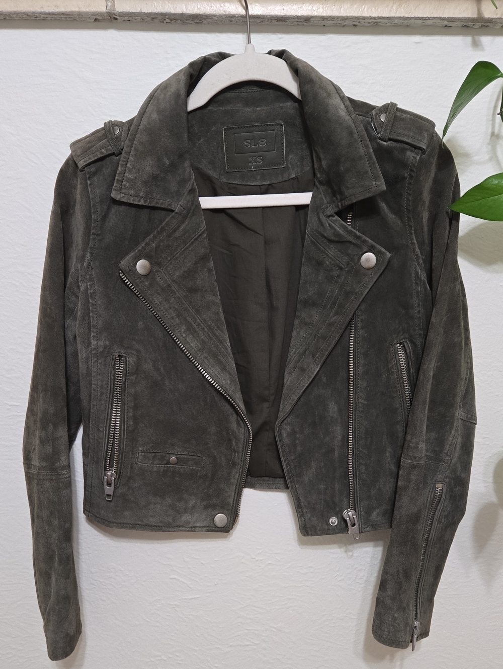 Olive Green Suede Moto Cropped Moto Jacket For Fall, XS